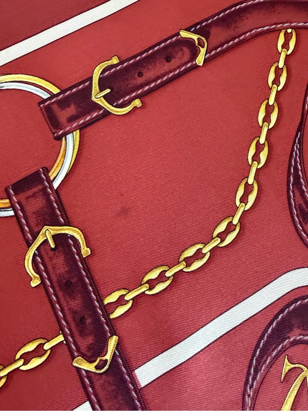Cartier Silk Scarf Brown Yellow Chain Belt Hand Rolled Made in France